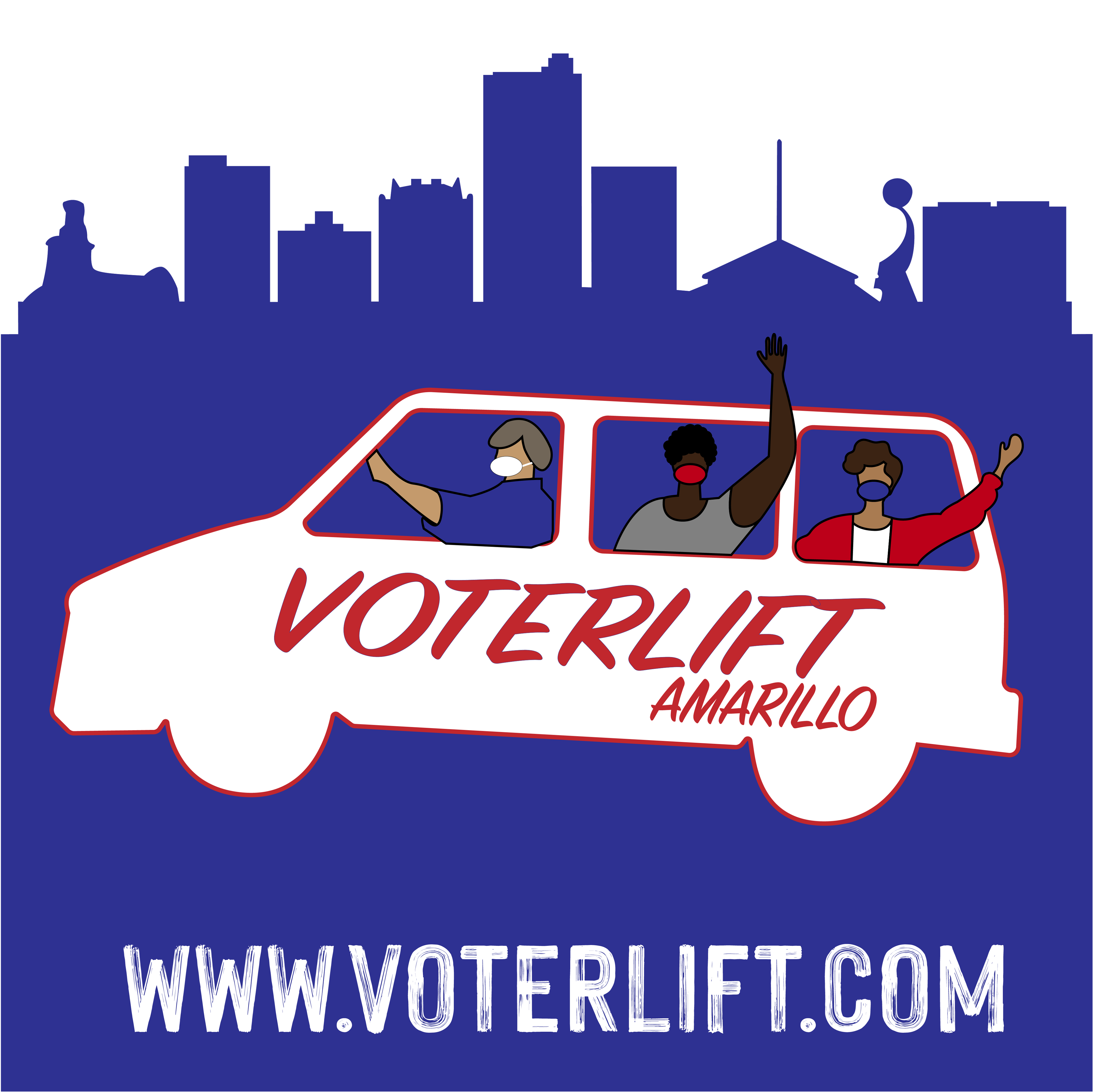 Text VoterLift Amarillo on an image of a van full of voters, safely masked, against a city skyline.
